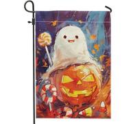 Bandiera da giardino a forma di zucca per Halloween, fantasma amichevole con illustrazione di caramelle, decorazione stagionale autunnale per cortile esterno, bandiera double face resistente