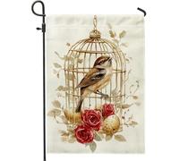 Bandiera da giardino a gabbia per uccelli primaverile ed estiva, bandiera rustica dorata con uccelli e rose, bandiera decorativa da giardino su entrambi i lati, decorazione per prato all'aperto