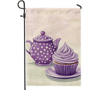 Bandiera da giardino a pois viola con teiera e cupcake, graziosa decorazione estiva per esterni, striscione in iuta su entrambi i lati per la casa e la decorazione per feste, accessori divertenti per