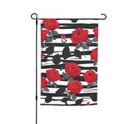 Bandiera da giardino a righe bianche e nere con rose rosse, versatile ed elegante, per tutte le stagioni, decorazione per cortili, verande, giardini