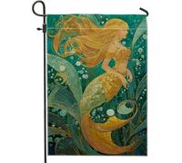 Bandiera da giardino a sirena, decorazione oceanica con accenti dorati, striscione da esterno in iuta su entrambi i lati, per feste estive in spiaggia, decorazione per prato, 30 x 45 cm