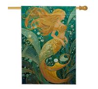 Bandiera da giardino a sirena, decorazione oceanica con accenti dorati, striscione da esterno in iuta su entrambi i lati, per feste estive in spiaggia, decorazione per prato, 71 x 101 cm