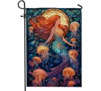 Bandiera da giardino a sirena oceano, meduse colorate, bandiere per decorazione della casa, bandiera bifacciale in iuta per prato esterno, 30,5 x 45,7 cm