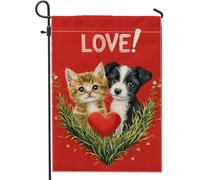 Bandiera da giardino a tema amore, motivo gatto e cane rosso, decorazione per esterni, decorazione da cortile, bandiera in iuta su entrambi i lati per San Valentino, decorazione primaverile 30,5 x