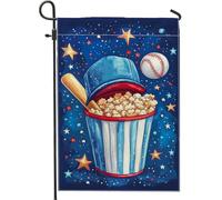 Bandiera da giardino a tema baseball, secchio per popcorn blu, striscione decorativo per la casa, bandiera double-face per esterni per feste estive, decorazione 30,5 x 45,7 cm