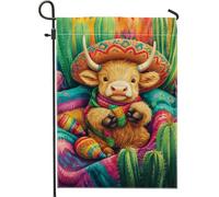 Bandiera da giardino a tema cactus, colorata mucca delle Highland con Sombrero Home Decor Garden Banner, bandiera decorativa da giardino in iuta su entrambi i lati, decorazione per esterni, 30,5 x