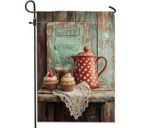 Bandiera da giardino a tema caffè, teiera rossa a pois - Banner per decorazione della casa in iuta double face - Decorazione per prato da esterno - stile cucina autunnale confortevole