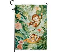Bandiera da giardino a tema giungla, design colorato con scimmia e tigre, decorazione estiva per esterni per bambini, striscione su entrambi i lati per prato per la decorazione della casa, 30,5 x 45,7