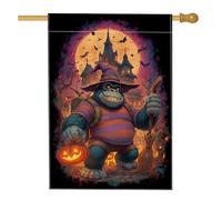 Bandiera da giardino a tema Halloween, mostro viola amichevole con zucca, striscione decorativo per la casa, bandiera da giardino in iuta su entrambi i lati, decorazione per prato esterno 71 x 101 cm