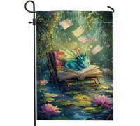Bandiera da giardino a tema libro di draghi fantasy, con scena mistica color foglia di tè, bandiera decorativa su entrambi i lati, decorazione per esterni, per primavera ed estate, 30,5 x 45,7 cm