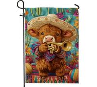 Bandiera da giardino a tema messicano, bandiera floreale colorata che gioca a tromba che suona la mucca decorazione per la casa, bandiera su entrambi i lati in iuta da cortile per vacanze all'aperto