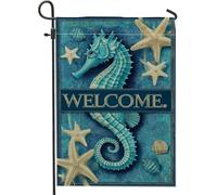 Bandiera da giardino a tema oceano, bandiera blu con conchiglie di cavallucci marini per esterni, bandiera di benvenuto in iuta su entrambi i lati, per feste estive in spiaggia, decorazione per prato
