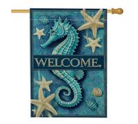 Bandiera da giardino a tema oceano, bandiera blu con conchiglie di cavallucci marini per esterni, bandiera di benvenuto in iuta su entrambi i lati, per feste estive in spiaggia, decorazione per prato