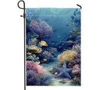 Bandiera da giardino a tema oceano, stella marina blu barriera corallina decorazione per esterni, bandiera da giardino in iuta su entrambi i lati, decorazione estiva per feste in spiaggia 30,5 x 45,7