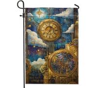 Bandiera da giardino a tema orologio steampunk, stelle e ingranaggi celesti blu, decorazione per esterni, striscione in poliestere su entrambi i lati per la decorazione della casa, prato e feste di
