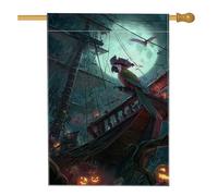 Bandiera da giardino a tema pirata di Halloween, bandiera verde scuro con pappagallo e nave decorazione per la casa, bandiera da cortile in iuta su entrambi i lati, per decorazione esterna del prato