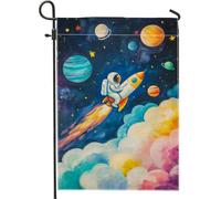Bandiera da giardino a tema spaziale, astronauta volante colorato, decorazione per esterni, striscione per prato in tessuto su entrambi i lati per la camera dei bambini, decorazione per prato estivo