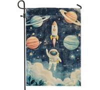 Bandiera da giardino a tema spaziale, striscione colorato con pianeti razzi astronauti, decorazione per esterni in iuta su entrambi i lati, per feste in camera dei bambini, decorazione per prato