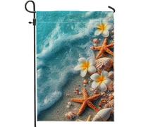 Bandiera da giardino a tema spiaggia, bandiera blu oceano stella marina conchiglie floreale decorazione per la casa, bandiera da cortile in iuta su entrambi i lati, decorazione estiva per prato