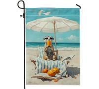 Bandiera da giardino a tema spiaggia estiva, suricato arancione sotto l'ombrello, decorazione per esterni, decorazione per esterni su entrambi i lati, 30,5 x 45,7 cm