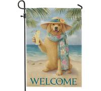 Bandiera da giardino a tema spiaggia, Golden Retriever con bevanda tropicale, bandiera decorativa per la casa, bandiera estiva su entrambi i lati, decorazione per gli amanti degli animali, 30,5 x 45,7