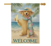 Bandiera da giardino a tema spiaggia, Golden Retriever con bevanda tropicale decorazione per la casa, bandiera estiva su entrambi i lati, decorazione per gli amanti degli animali, 71 x 101 cm