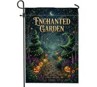 Bandiera da giardino a tema zucche della foresta incantata, per Halloween | Percorso di pietra, bandiera del prato, luna crescente, luci incandescenti, arte topiaria fantasiosa, tema foresta incantata