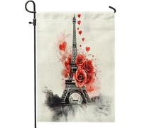 Bandiera da giardino a torre di Parigi, romantica bandiera artistica con rose e cuori di San Valentino in iuta rossa su entrambi i lati, piccola bandiera da giardino per esterni, prato, portico, patio