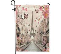 Bandiera da giardino a torre di Parigi, romantica bandiera primaverile con farfalle e ciliegie, fiori primaverili e pesche, in iuta su entrambi i lati, decorativa, per esterni, patio, prato, portico