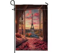 Bandiera da giardino a torre di Parigi, romantica e moderna con rose primaverili color pesca su entrambi i lati, piccola bandiera da giardino per esterni, prato, portico, patio, ingresso, 30,5 x 45,7