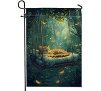 Bandiera da giardino accogliente a forma di gatto, ambra zenzero gatto nella foresta decorazione della casa bandiere del cortile, tela da imballaggio a doppia faccia, decorazione per prato all'aperto