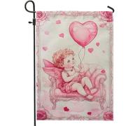 Bandiera da giardino angelo pesca per San Valentino, simpatico dio d'amore con palloncino a forma di cuore, decorazione per esterni, bandiera da cortile double face in tela di iuta per la decorazione