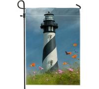 Bandiera Da Giardino Artistic Lighthouse Blue Striped Beacon With Colorful Flowers And Butterflies Bandiera Verticale Colori Vivaci Garden Flag Impermeabile Bandiere Decorative Per 30X45CM