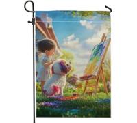 Bandiera da giardino artistica colorata primaverile ed estiva, decorazione per esterni con cani e bambini, decorazione per esterni, in tessuto su entrambi i lati, per feste in casa, 30,5 x 45,7 cm