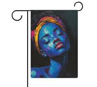Bandiera da giardino astratta con donna africana blu per vacanze stagionali su entrambi i lati, 30,5 x 45,7 cm