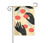 Bandiera da giardino astratta retrò con mani rosse e frutti rossi, 30 x 45 cm, verticale su entrambi i lati, decorazione per casa colonica, vacanze, esterni, bandiera