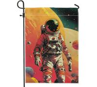 Bandiera da giardino astronauta spaziale cosmica, striscione arancione e blu vibrante per decorazione domestica esterna, bandiera da cortile su entrambi i lati per feste ed eventi estivi, decorazione