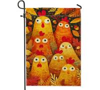 Bandiera da giardino autunnale, arancione rosso con polli carini foglie autunnali rustiche divertenti gallo decorazione per fattoria, bandiera da cortile in iuta su entrambi i lati, per il