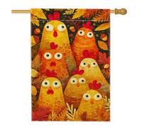 Bandiera da giardino autunnale, arancione rosso con polli carini foglie autunnali rustiche divertenti gallo decorazione per fattoria, bandiera da cortile in iuta su entrambi i lati per il