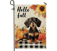 Bandiera da giardino autunnale bassotto, graziosa decorazione per cani nera e marrone chiaro per l'autunno, striscione rustico a quadri di bufalo, decorazione per esterni in iuta su entrambi i lati