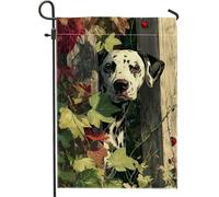 Bandiera da giardino autunnale, cane dalmata bianco nero con foglie verdi, striscione decorativo per la casa, in iuta su entrambi i lati, decorazione per prato all'aperto per la stagione autunnale