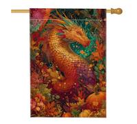 Bandiera da giardino autunnale colorata con drago, magica e vibrante fiaba, creatura fantasy, zucca, decorazione per esterni, bandiera decorativa su entrambi i lati, per la decorazione estiva della