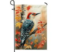 Bandiera da giardino autunnale colorata con picchio, uccello rosso e foglie d'arancio, striscione decorativo per la casa, bandiera da cortile in iuta su entrambi i lati per autunno decorazione per