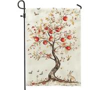 Bandiera da giardino autunnale con albero da frutto rosso e coniglio, decorazione per esterni, bandiera autunnale in iuta su entrambi i lati per la celebrazione del Ringraziamento, affascinante