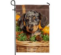 Bandiera da giardino autunnale con bassotto, decorazione autunnale con cuccioli marroni, in iuta su entrambi i lati, per esterni, decorazione per prato, festa del raccolto, festa, giardino, 30,5 x