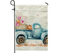 Bandiera da giardino autunnale con camion vintage, fiori di zucca ad acquerello blu su entrambi i lati, bandiera da cortile in iuta, decorazione rustica autunnale per vacanze all'aperto 30,5 x 45,7 cm