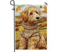Bandiera da giardino autunnale con cane dorato, grazioso canino con foglie, striscione decorativo per la casa, bandiera in iuta su entrambi i lati, decorazione per prato all'aperto, 30,5 x 45,7 cm