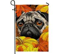 Bandiera da giardino autunnale con carlino, decorazione per cani con foglie autunnali arancioni su entrambi i lati, decorazione per prato all'aperto per Halloween, Ringraziamento, 30,5 x 45,7 cm