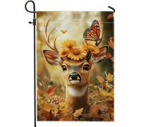 Bandiera da giardino autunnale con cervi floreali, calendula arancione, farfalla per esterni, decorazione autunnale in iuta su entrambi i lati, bandiera stagionale per cortile di casa, 30,5 x 45,7 cm