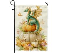 Bandiera da giardino autunnale con drago fantasy, zucca drago verde, striscione decorativo per la casa, bandiera da cortile in iuta su entrambi i lati, decorazione per esterni, 30,5 x 45,7 cm